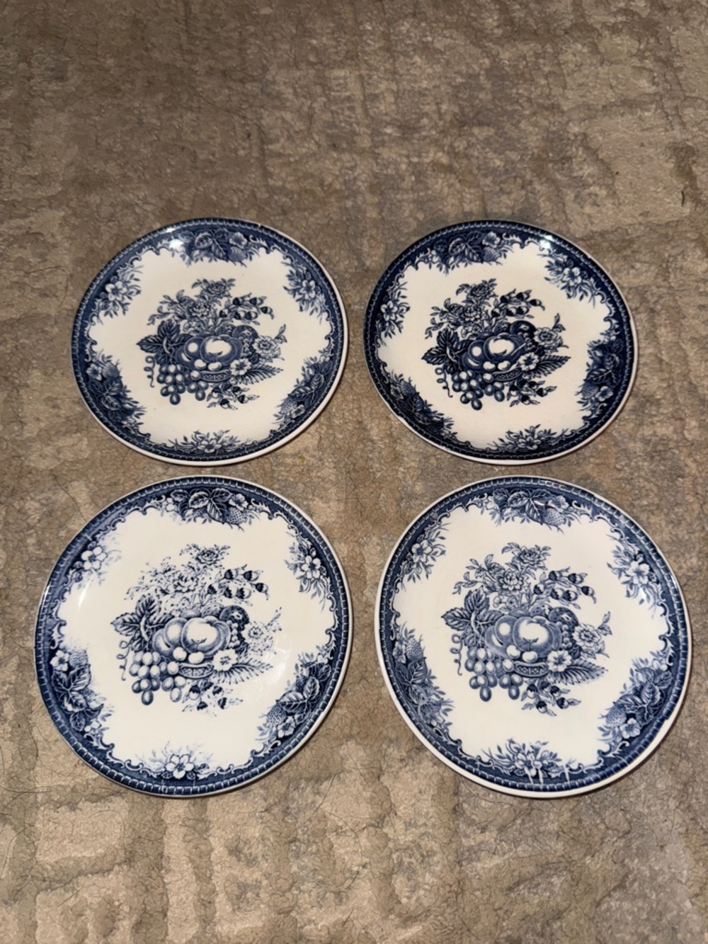 “ Blue Vintage “ Pattern Floral Fruit Dessert Plates - Set of 4  - Japan